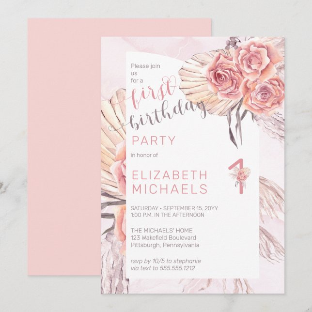 Pampas Grass |Pink Rose Blooms 1st Birthday Party Invitation (Front/Back)