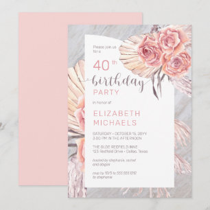 Pampas Grass  Pink Rose Blooms 40th Birthday Party Invitation