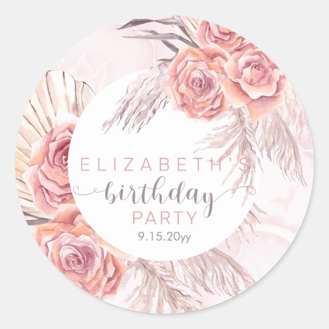 Pampas Grass |Pink Rose Blooms Birthday Party Classic Round Sticker (Front)