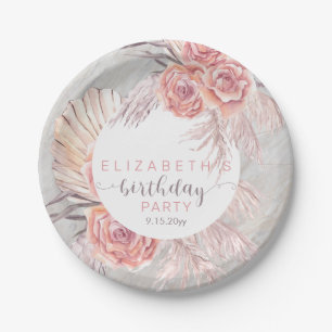 Pampas Grass Pink Rose Blooms Birthday Party Pap Paper Plate