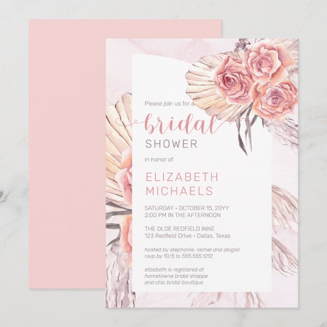 Pampas Grass | Pink Rose Blooms Bridal Shower Invitation (Front/Back)