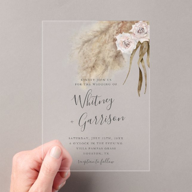 Pampas Grass Pink Wedding Floral Acrylic Invitations (Insitu (Handheld))