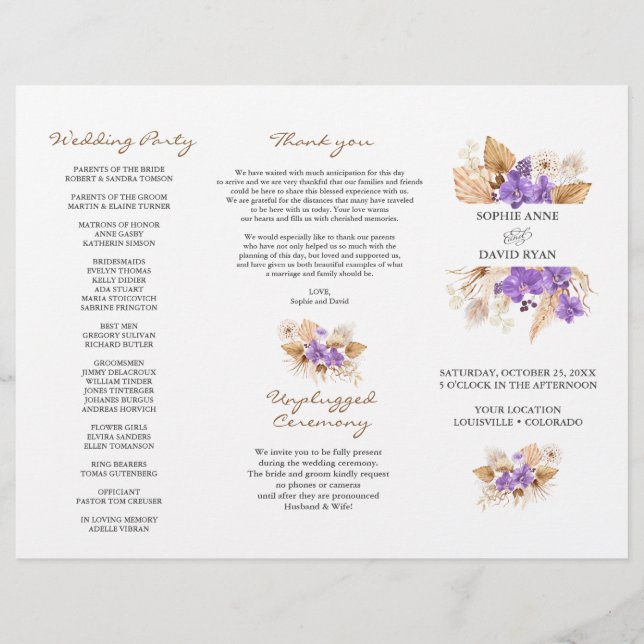 Pampas Grass Purple Orchid TriFold Wedding Program (Front)