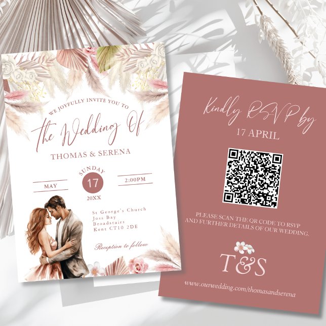 Pampas Grass QR Code RSVP Mariage Boho Invitation (Créateur téléchargé)