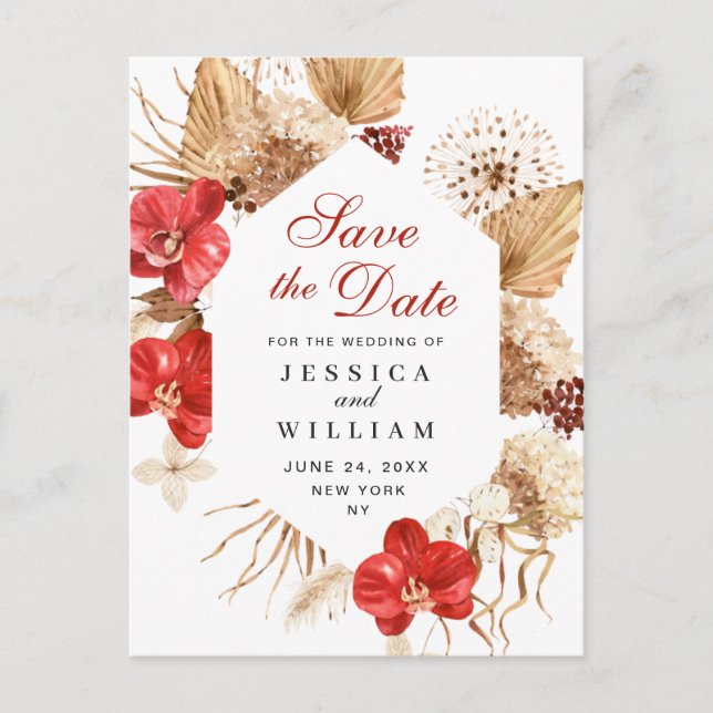 Pampas Grass Red Orchids Wedding Save the Date  Postcard (Front)