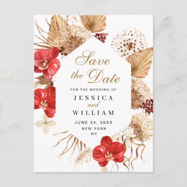Pampas Grass Red Orchids Wedding Save the Date  Postcard (Front)