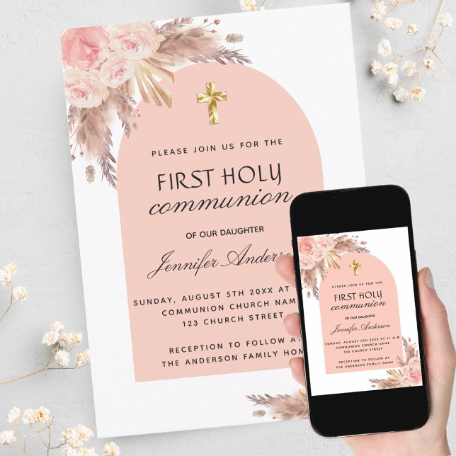 Pampas grass rose blush first holy communion invitation (Creator Uploaded)