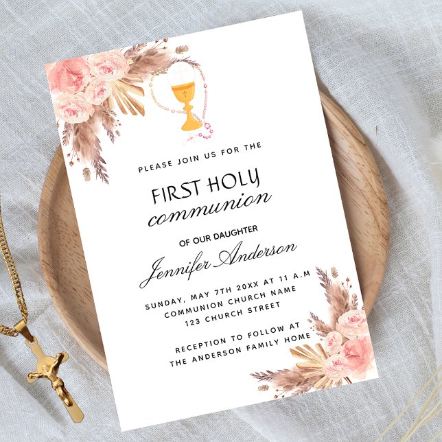 Pampas grass rose blush first holy communion invitation (Creator Uploaded)