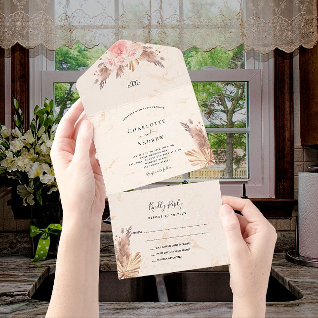 Pampas grass rose blush pink floral marble wedding all in one invitation (Creator Uploaded)