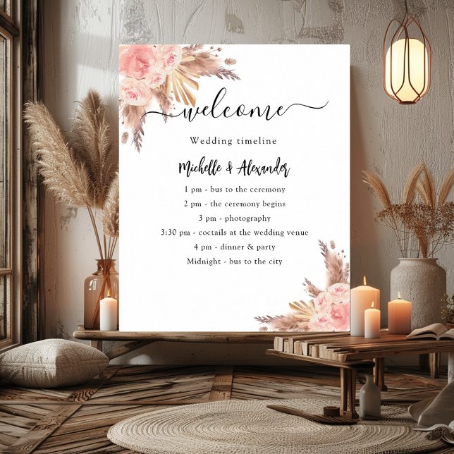 Pampas grass rose floral wedding program timeline poster (Creator Uploaded)