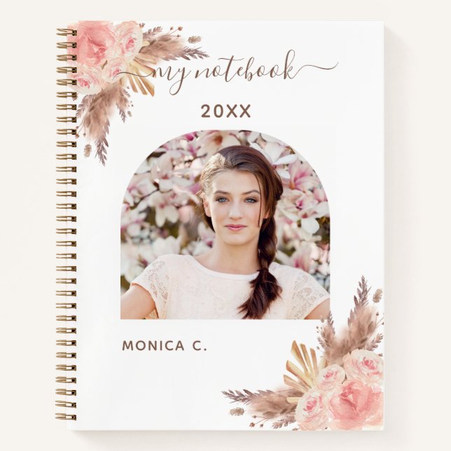 Pampas grass rose gold blush pink floral photo notebook (Front)