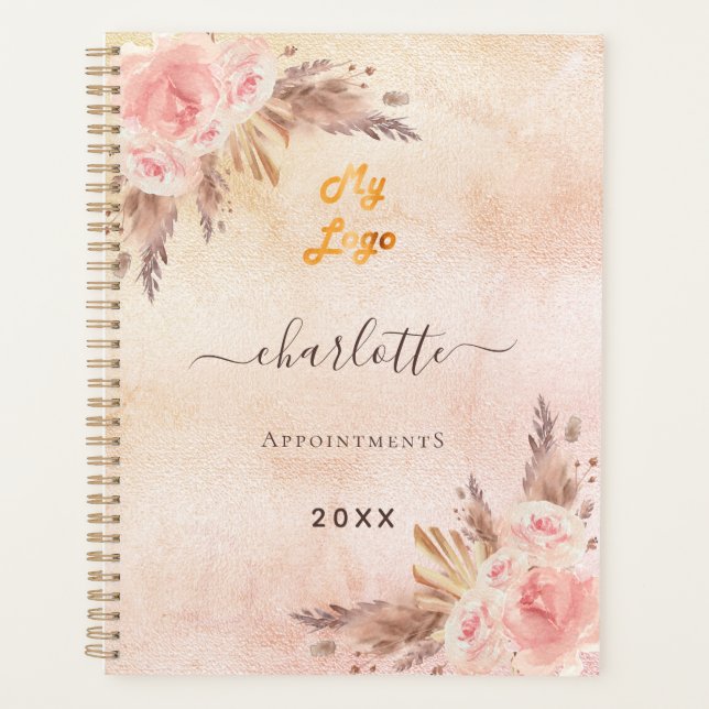 Pampas grass rose gold business logo QR Planner (Front)