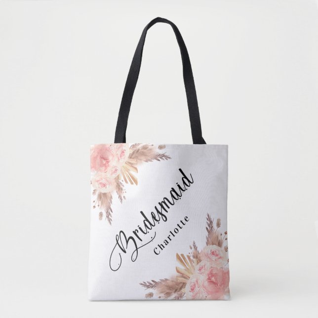 Pampas grass rose gold floral bridesmaid wedding tote bag (Front)