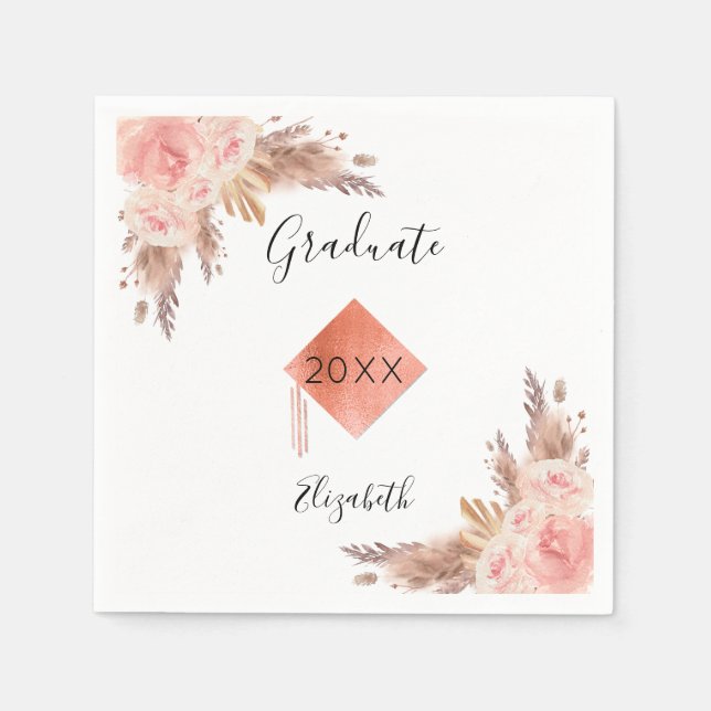 Pampas grass rose gold floral cap Graduation Party Napkin (Front)