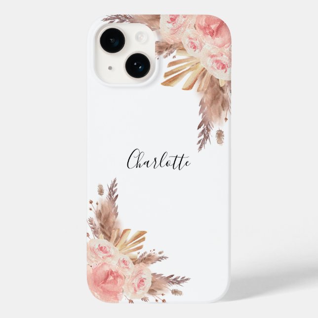 Pampas grass rose gold floral white name Case-Mate iPhone case (Back)