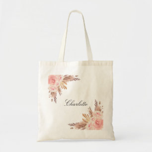 Pampas grass rose gold floral white name tote bag