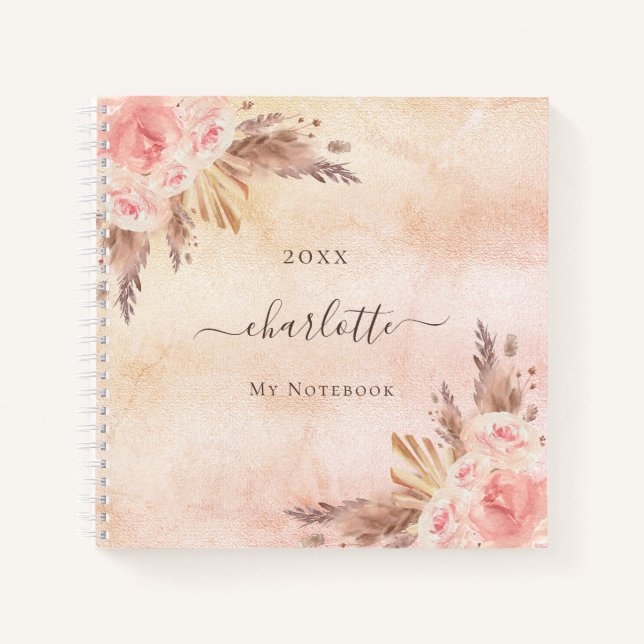 Pampas grass rose gold florals name notebook (Front)