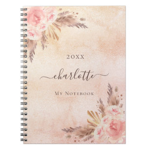 Pampas grass rose gold florals name notebook