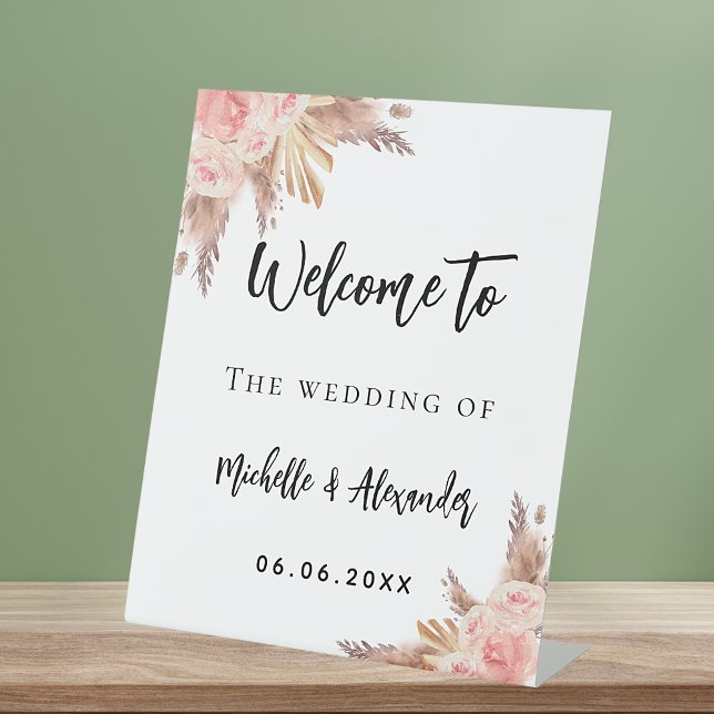 Pampas grass rose gold flowers welcome wedding pedestal sign (Creator Uploaded)