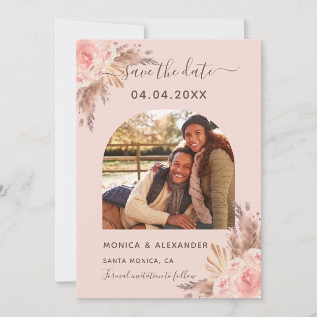 Pampas grass rose gold photo wedding save the date (Front)