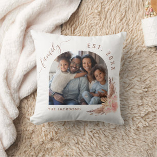 Pampas grass rose gold pink floral family photo throw pillow