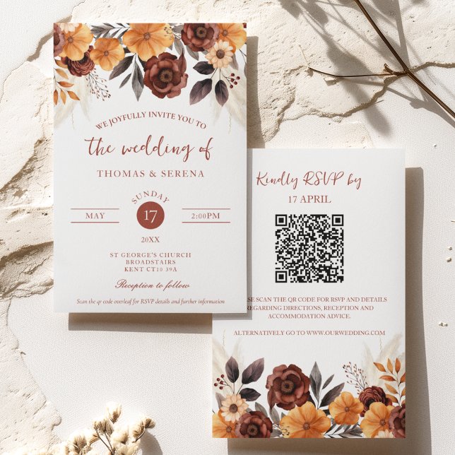 Pampas Grass Rust Fall QR Code All In One Wedding Invitation (Creator Uploaded)