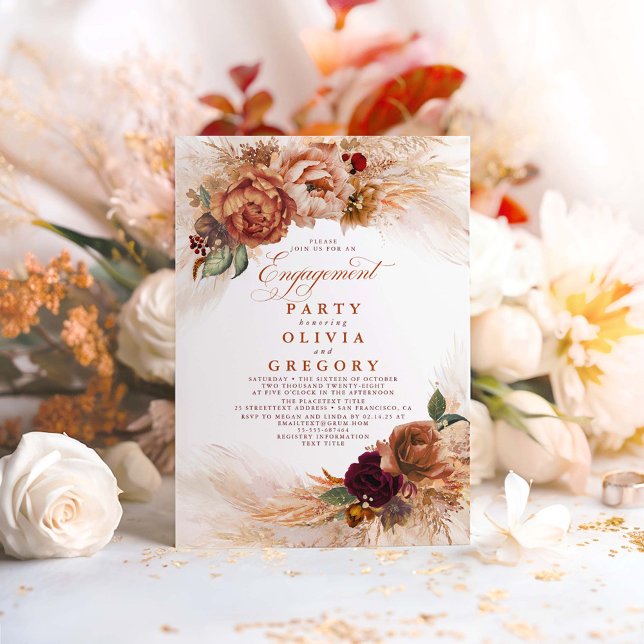 Pampas Grass Rust Terracotta Engagement Party Invitation (Terracotta Boho Engagement Party Invitations)