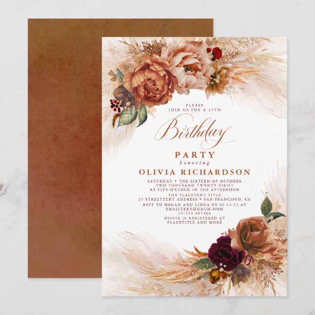 Pampas Grass Rust Terracotta Fall Birthday Party Invitation (Front/Back)