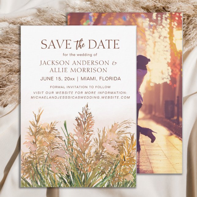 Pampas Grass Rustic Botanical Bohemian Wedding  Save The Date (Rustic pampas grass wedding Save the Date photo card)