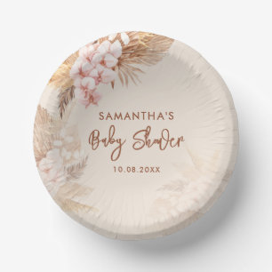 Pampas Grass Script Pink Floral Baby Shower Paper Plate