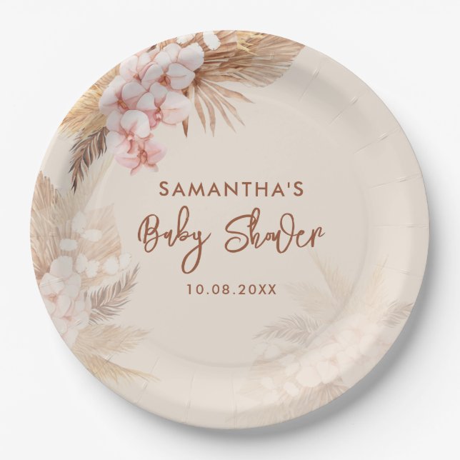 Pampas Grass Script Terracotta Baby Shower Paper Plate (Front)