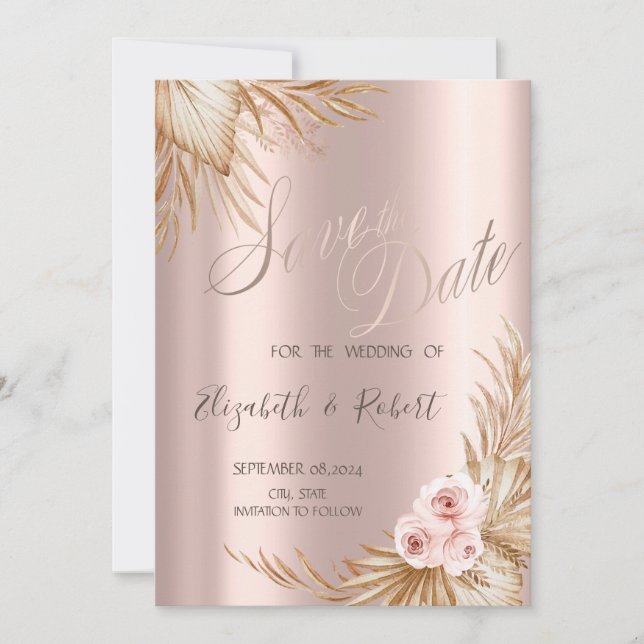 Pampas Grass Stylish Rose Gold Drips Save The Date (Front)