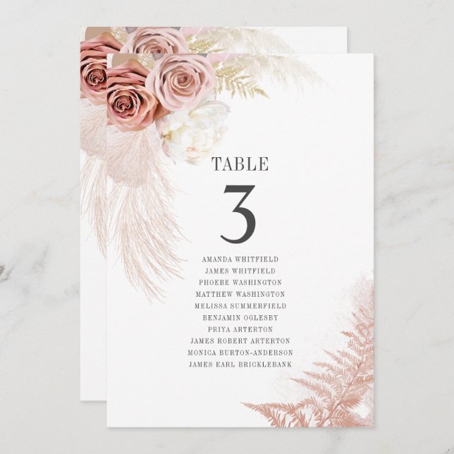 Pampas Grass Table Number 3 Wedding Seating Chart (Front/Back)