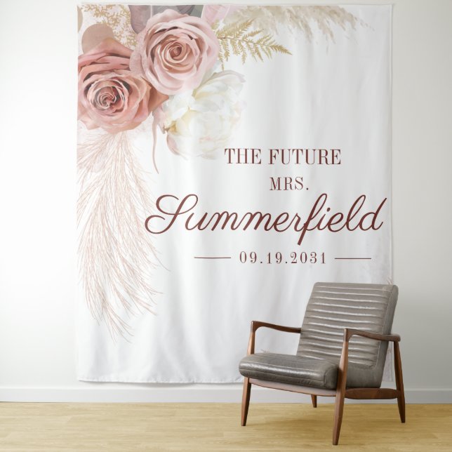 Pampas Grass Tan Bridal Shower Backdrop Photobooth Tapestry (In Situ)