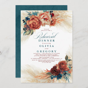 Pampas Grass Teal Blue Terracotta Rehearsal Dinner Invitation