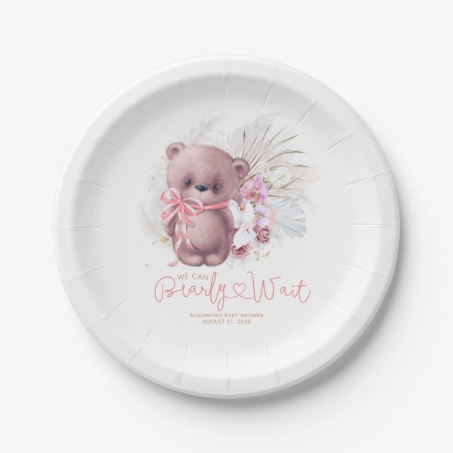 Pampas Grass Teddy Bear Baby Shower Pink Boho Paper Plate (Front)