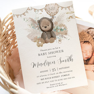Pampas Grass Teddy Bear Gender Neutral Baby Shower Invitation