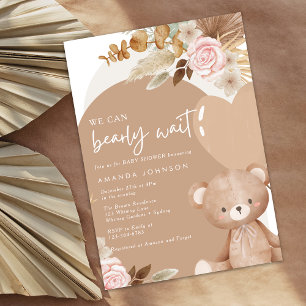 Pampas grass teddy bear gender neutral baby shower invitation
