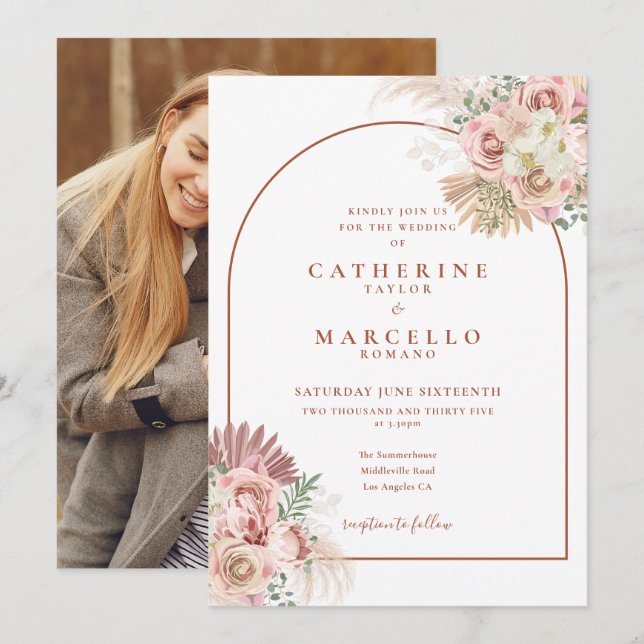 Pampas Grass Terracotta Arch Floral Photo Wedding Invitation (Front/Back)