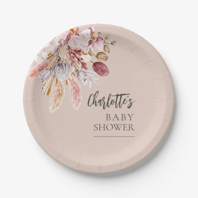 Pampas Grass Terracotta Boho Baby Shower Paper Plate (Front)