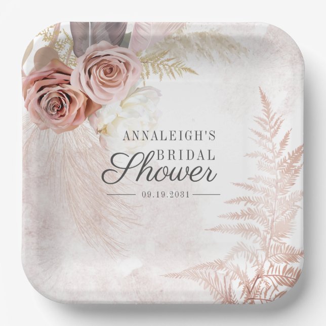 Pampas Grass Terracotta Boho Chic Bridal Shower Paper Plate (Front)