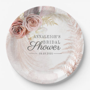 Pampas Grass Terracotta Boho Tan Bridal Shower Paper Plate