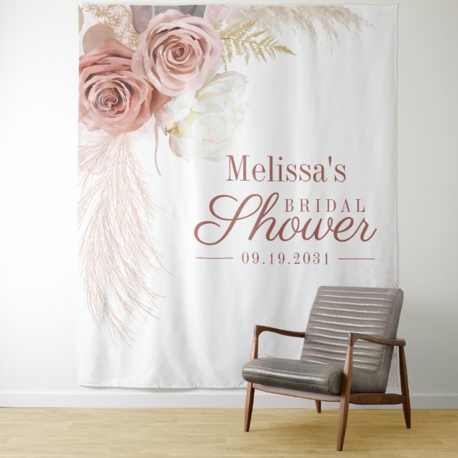 Pampas Grass Terracotta Bridal Shower Backdrop Tapestry (In Situ)