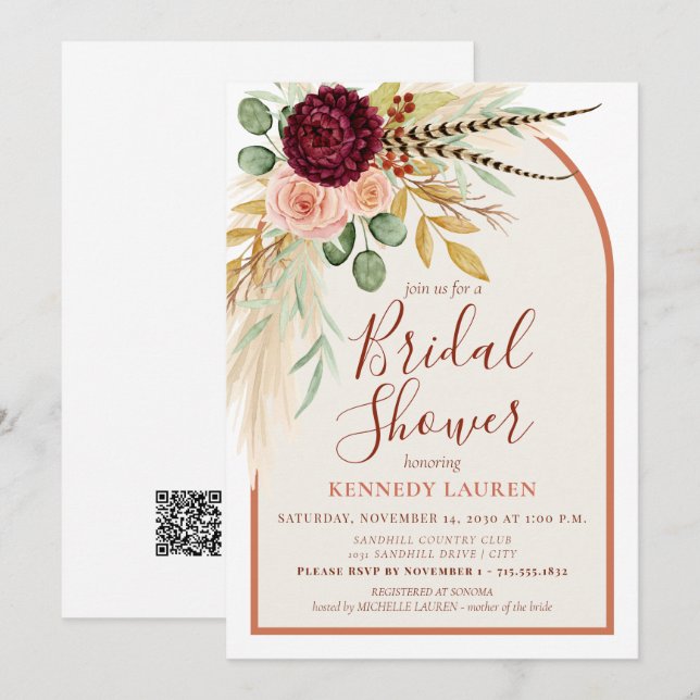 Pampas Grass Terracotta Bridal Shower QR Code Invitation (Front/Back)