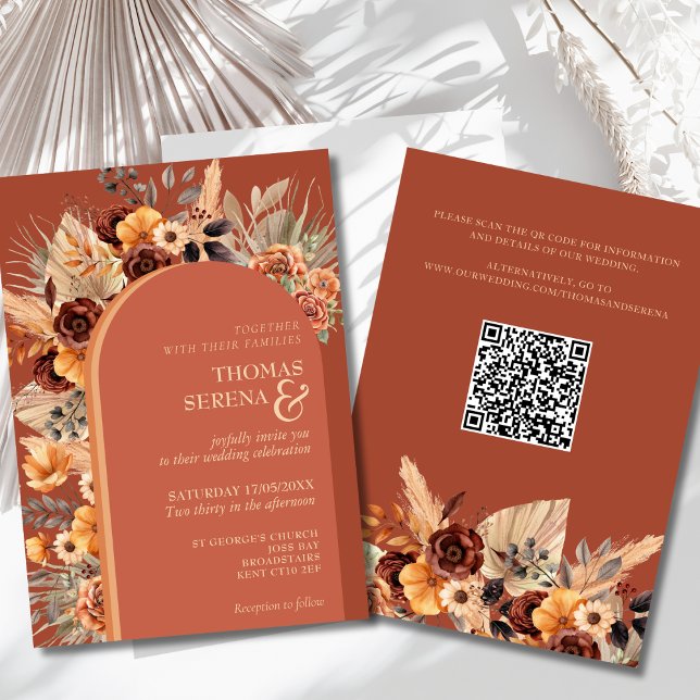 Pampas Grass Terracotta Fall Rust QR Code Wedding  Invitation (Creator Uploaded)