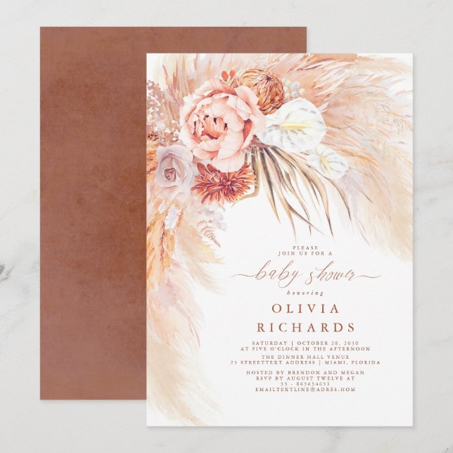 Pampas Grass Terracotta Floral Baby Shower Invitation (Front/Back)