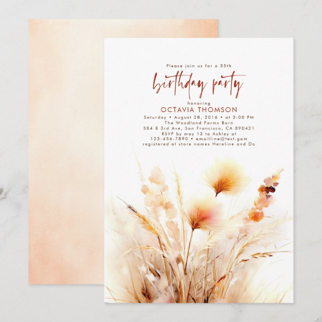 Pampas Grass Terracotta Floral Fall Birthday Party Invitation (Front/Back)