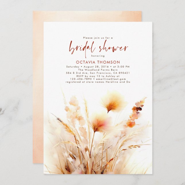 Pampas Grass Terracotta Floral Fall Bridal Shower Invitation (Front/Back)