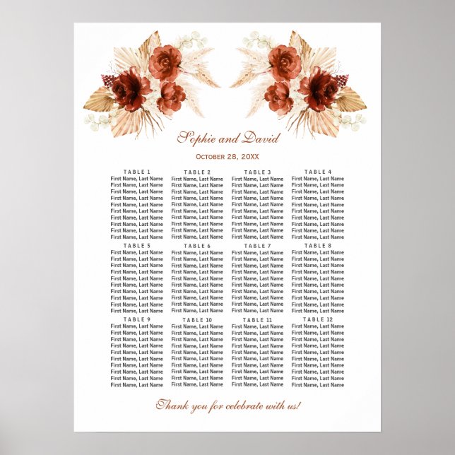 Pampas Grass Terracotta Floral Seating Chart (Front)