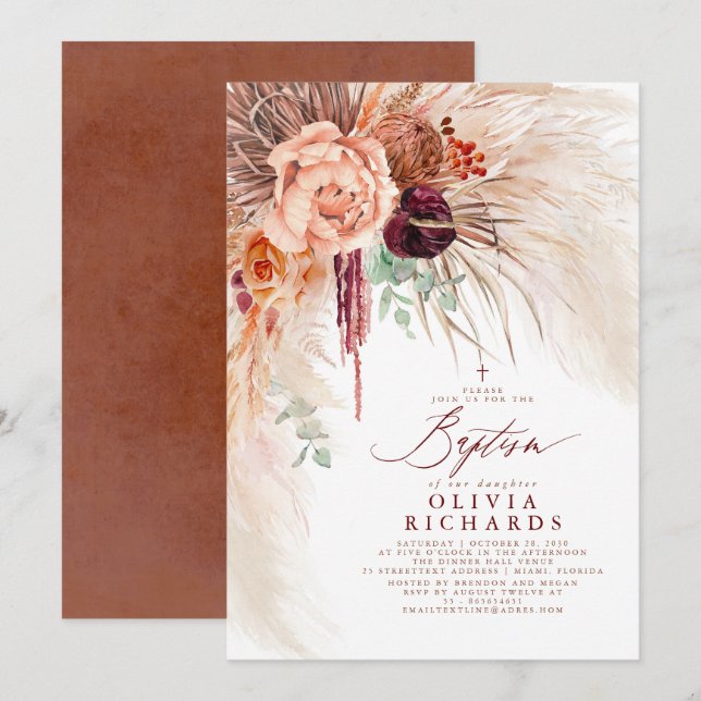 Pampas Grass Terracotta Flowers Baptism Invitation (Front/Back)